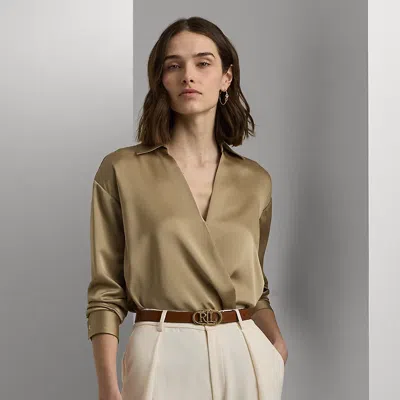 Laurèn Satin Charmeuse Surplice Blouse In Brown