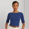 Laurèn Stretch Cotton Boatneck Tee In Blue