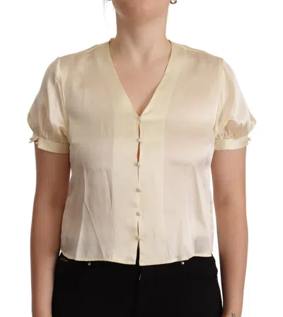 Pre-owned L'autre Chose Blouse Off White Silk Short Sleeves V-neck Women's Top ()