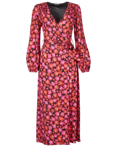 Lavaand Women's Black / Red The Annalise Satin Wrap Long Sleeve Midi Dress In Pink Floral In Black/red
