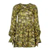 Lavaand Women's The Stevie Tie Sleeve Tiered Mini Dress In Jaquard Green Floral In Green/black