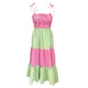 Lavaand Women's Green / Pink / Purple Cotton Tiered Midi Gingham Sun Dress - Green, Pink & Purple In Green/pink/purple