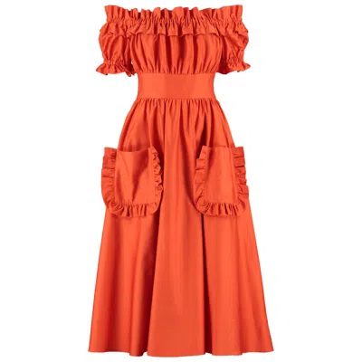 Lavaand Women's Red The Tamsin Bardot Ruffle Pocket Midi Dress In Sunset Orange