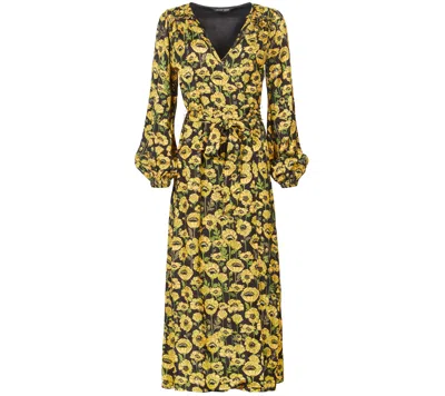 Lavaand Women's The Annalise Satin Wrap Long Sleeve Midi Dress In Yellow Poppy
