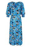 Lavaand Women's The Julia Short Sleeve V Neck Midi Dress In Blue Floral In Blue