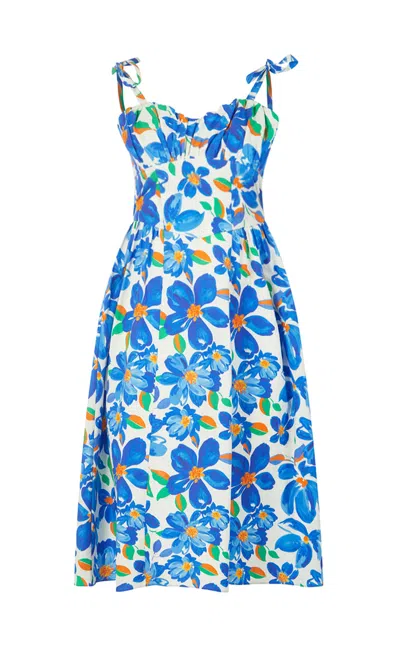 Lavaand Women's The Rosie Organic Cotton Corset Midi Dress In Blue Painted Floral