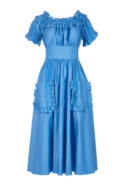 Lavaand Women's The Tamsin Bardot Ruffle Dress In Cornflower Blue Cotton