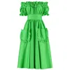Lavaand Women's The Tamsin Bardot Ruffle Pocket Midi Dress In Island Green In Green