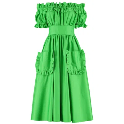 Lavaand Women's The Tamsin Bardot Ruffle Pocket Midi Dress In Island Green