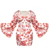 Lavaand Women's White / Red The Florence V Neck Mini Dress Flare Sleeve In White Red Floral In White/red