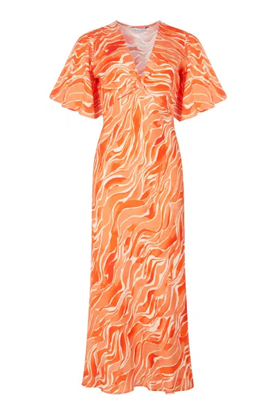 Lavaand Women's Yellow / Orange The Elouise Midi Dress In Orange Waves In Yellow/orange