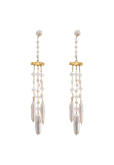 Lavani Jewels Women's Gold / White Keshi Pearl Earrings Sirene