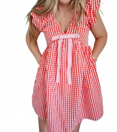 La'ven Jenny Gingham Blouson Shoulder Mini Dress In Pink/red In Multi