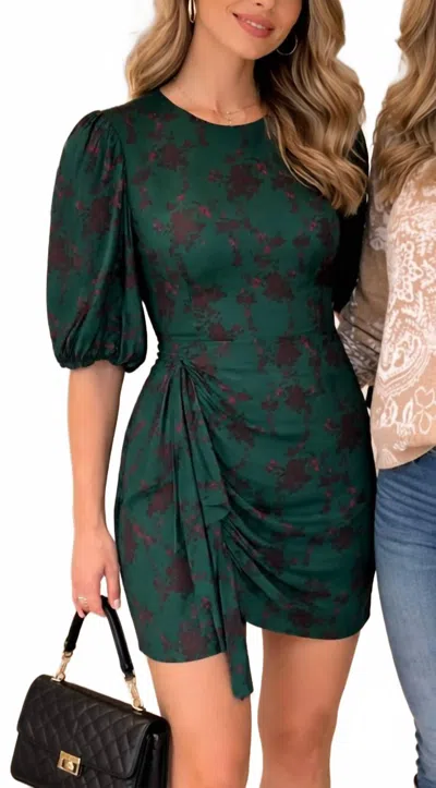 Lavender Brown Floral Print Long Sleeve Mini Dress In Green