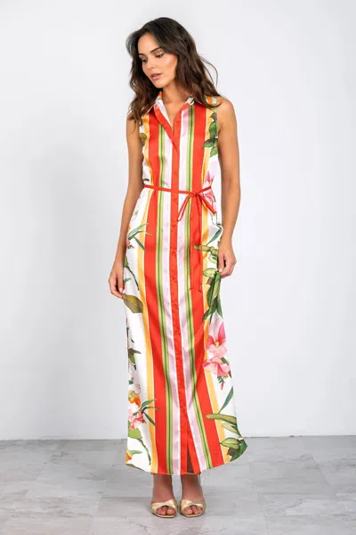 Lavender Brown Jordan Collared Belted Maxi Dress In Orange Multi