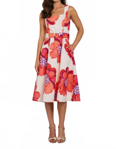 Lavender Brown Legacy Floral Midi Dress In Butter/coral In White