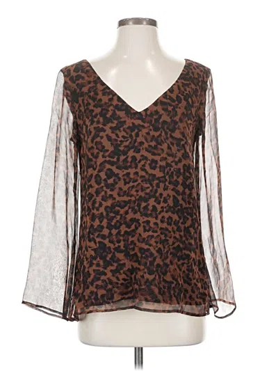 Pre-owned Lavender Brown Long Sleeve Silk Top Brown Animal Print Pattern V Neck Tops