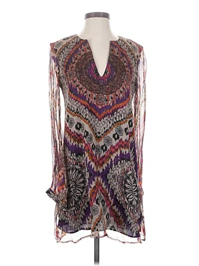 Pre-owned Lavender Brown Long Sleeve Silk Top Purple Plunge Neckline Tops