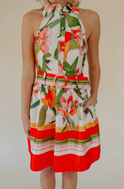 Lavender Brown Rayna Halter Belted Mini Dress In Red Floral Tones In Multi