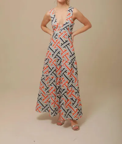Lavi Geo Maxi Dress In Grey/coral/navy
