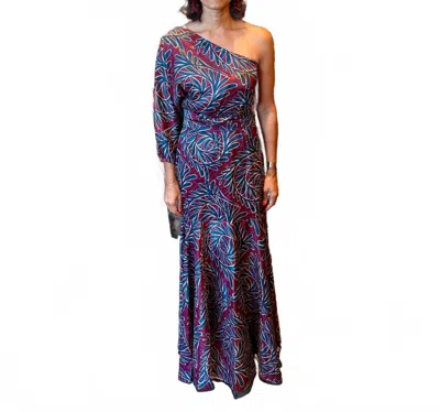 Lavi Isabella One Shoulder Maxi Dress In Maroon/navy In Multi