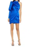 Lavish Alice One Shoulder Puff Sleeve Satin Cocktail Dress In Blue In Blue