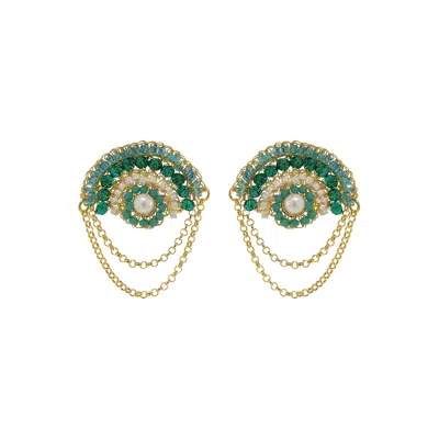 Lavish By Tricia Milaneze Women's Gold / Green Ocean Teal Mix Freya Round Posts Handmade Crochet Earrings In Gray