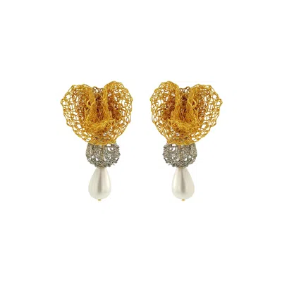 Lavish By Tricia Milaneze Women's Gold / Silver / Neutrals Trio Gold Mix Reef Dangle Handmade Crochet Earrings In Orange