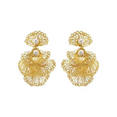 Lavish By Tricia Milaneze Women's Gold / White / Neutrals Pearl & Gold Shells Mini Handmade Crochet Earrings In Multi