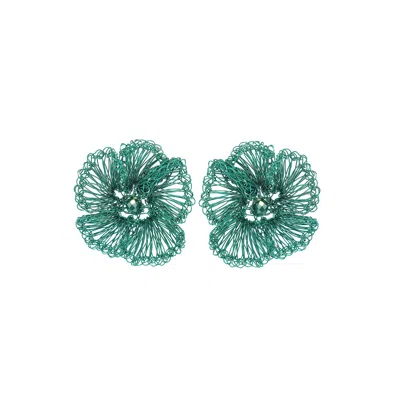 Lavish By Tricia Milaneze Women's Green Neon Turquoise Plumeria Handmade Crochet Post Earrings