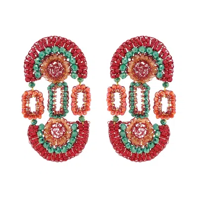 Lavish By Tricia Milaneze Women's Green / Orange Sunset Coral Mix Tyche Maxi Handmade Crochet Earrings In Multi