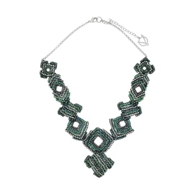 Lavish By Tricia Milaneze Women's Green / Silver Moss Green Mix Puzzle Maxi Handmade Crochet Necklace