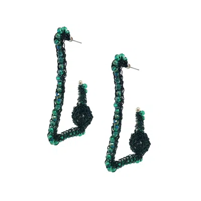 Lavish By Tricia Milaneze Women's Green / Silver Moss Green Trapeza Dome Hoops Handmade Crochet Earrings