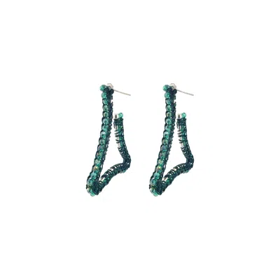 Lavish By Tricia Milaneze Women's Green / Silver Moss Green Trigono Hoops Handmade Crochet Earrings In Multi