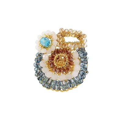Lavish By Tricia Milaneze Women's Neutrals / Gold / Blue Seafoam Blue Mix Althea Maxi Handmade Crochet Ring