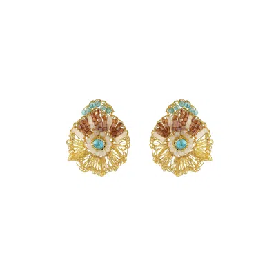 Lavish By Tricia Milaneze Women's Neutrals / Gold / Blue Seafoam Blue Mix Crown Mini Posts Handmade Crochet Earrings In Multi