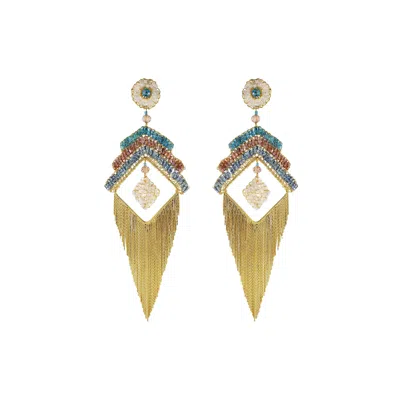 Lavish By Tricia Milaneze Women's Neutrals / Gold / Blue Seafoam Blue Mix Fergie Chandelier Handmade Crochet Earrings In Multi