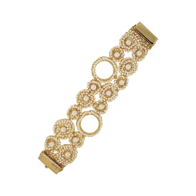 Lavish By Tricia Milaneze Women's Neutrals / Gold / White Pearl & Gold Patchwork Handmade Crochet Bracelet