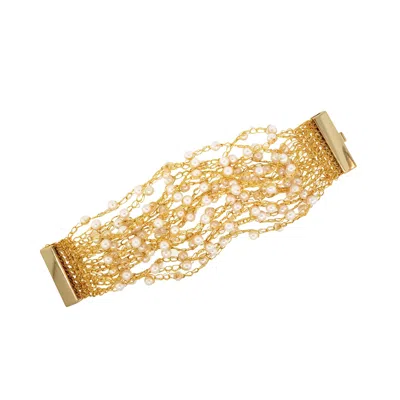 Lavish By Tricia Milaneze Women's Neutrals / Gold / White Pearl & Gold Strings Handmade Crochet Bracelet In Multi