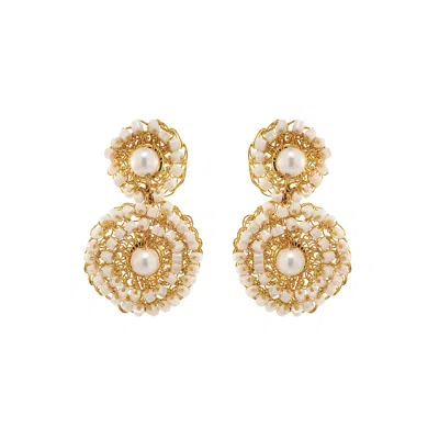 Lavish By Tricia Milaneze Women's Neutrals / Gold / White Pearl White & Gold Patch Mini Handmade Crochet Earrings