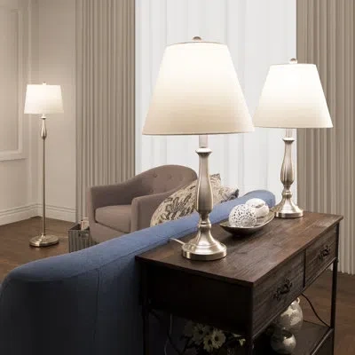 Lavish Home 3-piece Home Lighting Set - Coordinating Bundle With 2 Table Lamps And 1 Floor Lamp For Home And Off In Silver