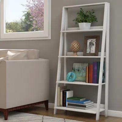 Lavish Home 4-tier Ladder Bookshelf - Freestanding Shelved Bookcase With Leaning Look For Living Room, Bathroom, In White