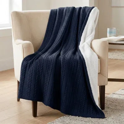 Lavish Home Cable Knit Throw Blanket For Couch, Sofa, Or Bed Soft And Cozy Blanket - Throws With Cable Knit Patt In Navy