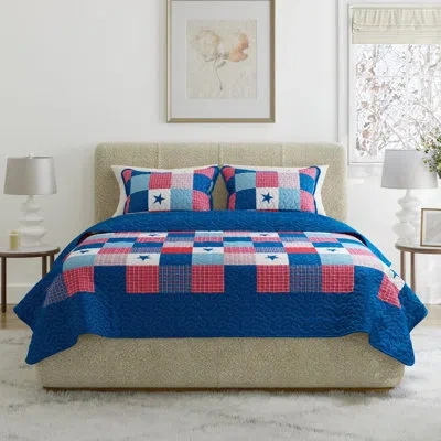 Lavish Home Caroline Quilt Set - Microfiber Americana Stars And Plaid Patchwork Bedding With 2 Pillow Shams In Red,white,blue