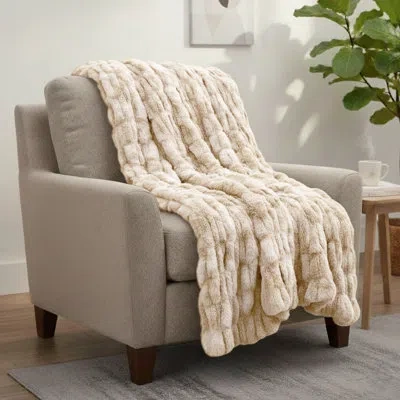 Lavish Home Oversized Ruched Faux Fur Blanket - 60x80-inch Jacquard Faux Fur Queen-size Throw For Sofas And Beds In Cream