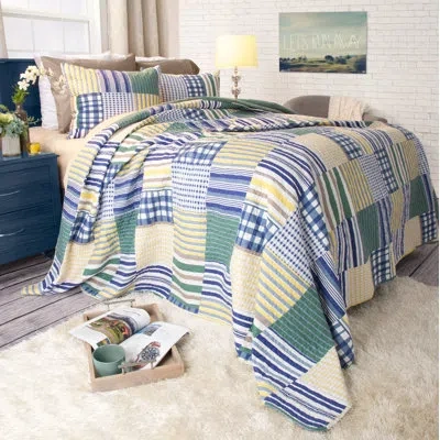 Lavish Home Quilt Set - Lynsey Classic Patchwork Quilt With Pillow Shams - Machine Washable Lightweight Bedding  In Green,yellow,blue