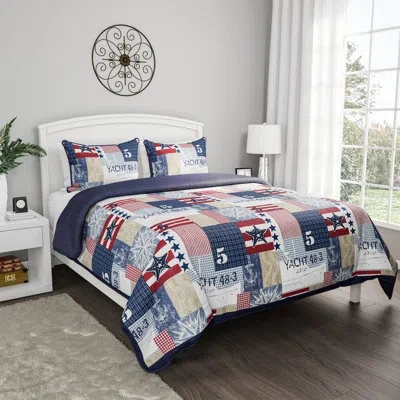 Lavish Home Quilt Set - Nautical Americana Patchwork Print All-season Soft Microfiber Bedding With Pillow Sham In Red,white,blue,tan,navy
