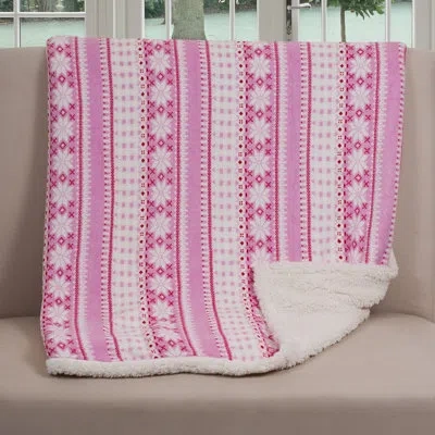 Lavish Home Reversible Fleece Blanket - 50x60-inch Machine-washable Sherpa Throw With Pink Snowflakes - Cozy Bla In Pink;white