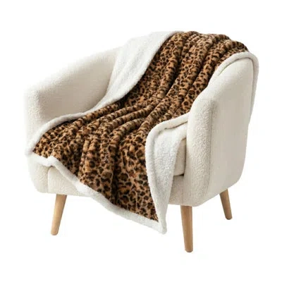 Lavish Home Sherpa Leopard Fleece Throw Blanket - 50x60-inch Machine-washable Reversible Throw - Fluffy Blankets In Black;brown