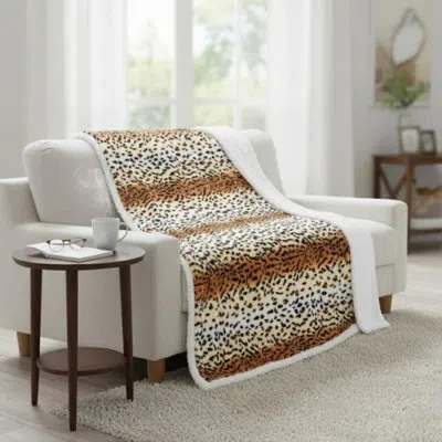 Lavish Home Sherpa Tiger Fleece Throw Blanket - 50x60-inch Machine-washable Reversible Throw - Fluffy Blankets F In Brown;beige